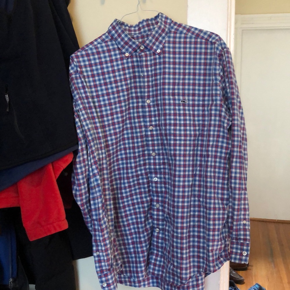 Blue and red button down shirt